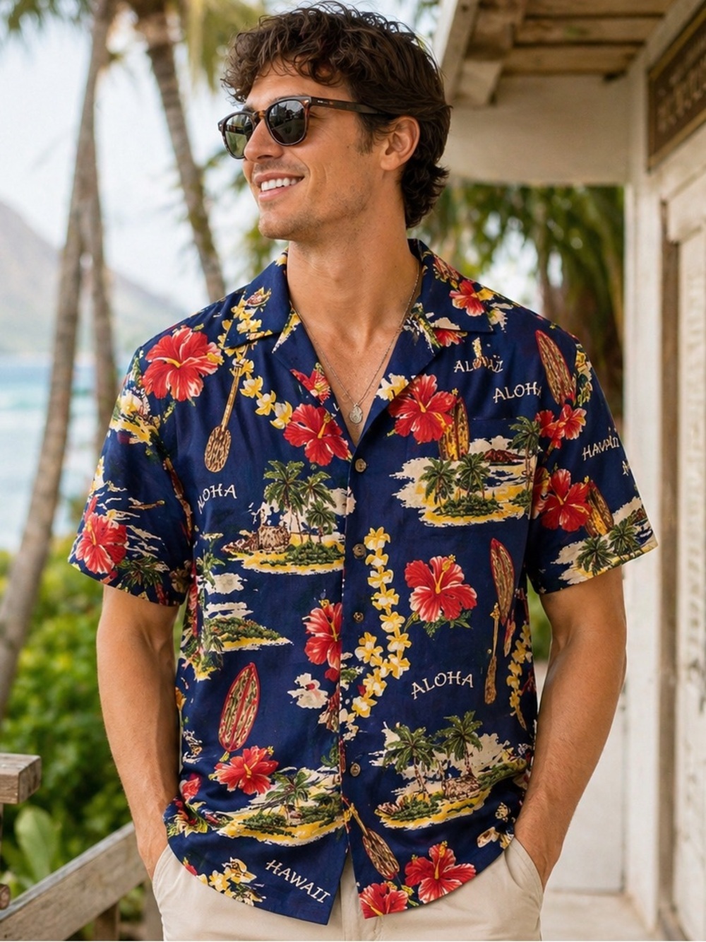 Navy Blue Floral Hawaiian Button-Down Shirt